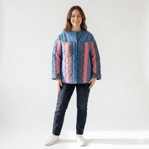 VTG Handmade Reversible Quilted Jacket Patchwork Corduroy Floral Blue Pink XXL